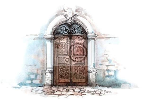 Арт-обои - Старая акварельная дверь