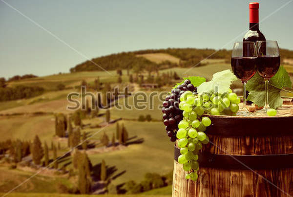 Фотообои с пейзажем - Бочка вина с вином и виноградом