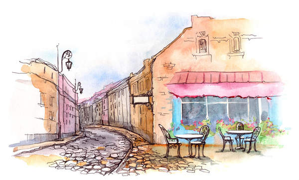 Фотообои с рисованным уличным кафе