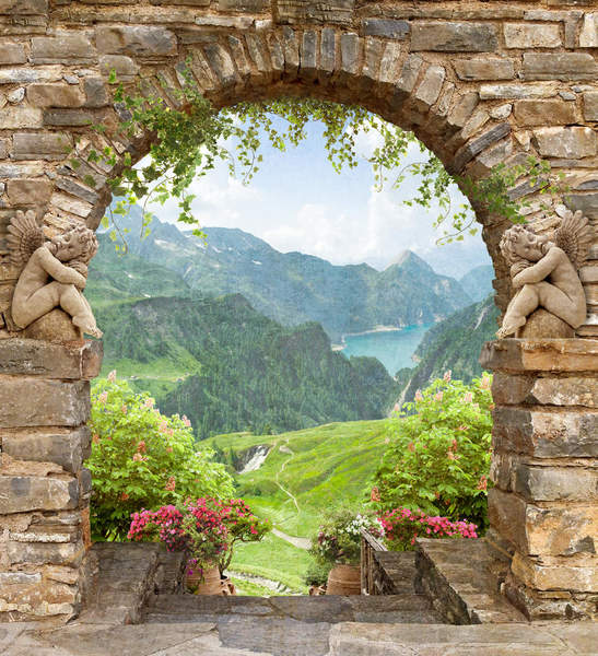 Обои на стену с аркой и видом на горы