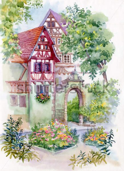 Фотообои с рисованным домиком в саду