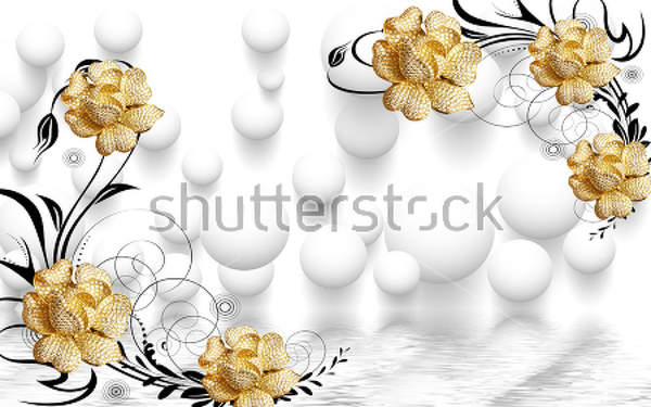 3д фотообои с золотыми цветами на белом фоне
