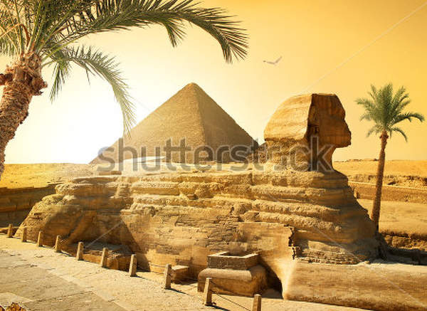 Фотообои с пальмами возле Сфинкса на фоне пирамиды в египетской пустыне