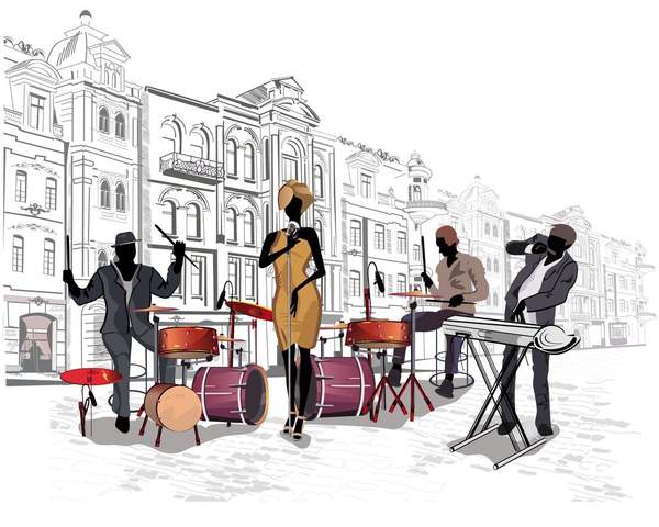 Фотообои с уличными музыкантами в рисованном городе