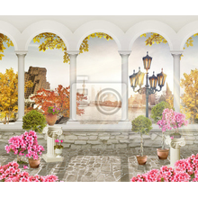 Фотообои - Старый каменный балкон с колоннами и цветами