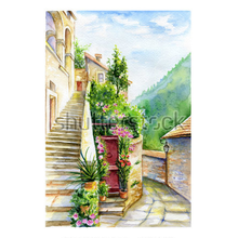 Фотообои "Пейзаж с лестницей" - Италия, акварельная живопись