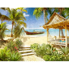 Фотообои с тропическим пейзажем (пальмы, пляж, лодка)