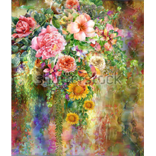 Букет из разноцветных цветов в стиле акварельной живописи