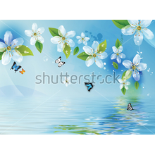 3D Обои на стену с цветами и бабочками на голубом фоне