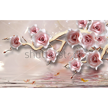 3D Фотообои с розами на светло-розовом фоне с отражением в воде