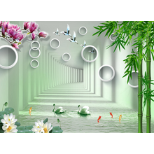 3Д Обои с бамбуком, цветами и лебедями — перспектива-тоннель