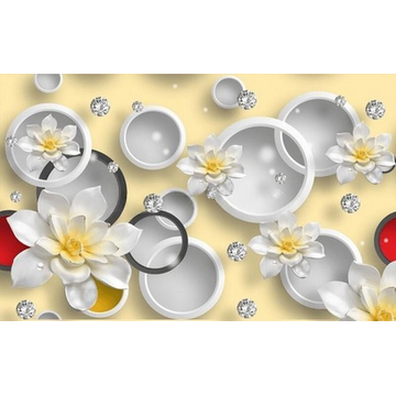 3D Обои с цветами и кольцами на желтом фоне.