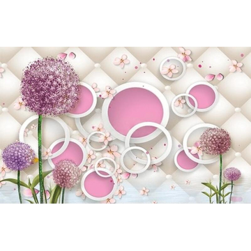 3D Обои для стен с розовыми цветами и кругами.