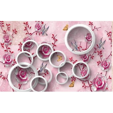 Розовые 3D обои с цветами и кольцами.