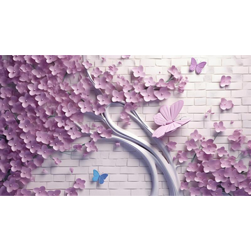 3D-обои с розовым деревом и бабочками. Артикул: 10061556.
