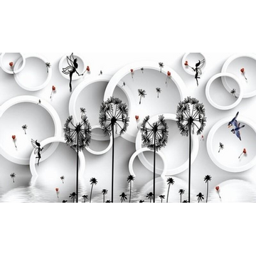 3D Обои с черными одуванчиками и белыми кольцами