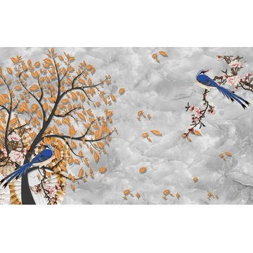 3D-обои с деревьями, листьями, птицами, облаками и цветами.
