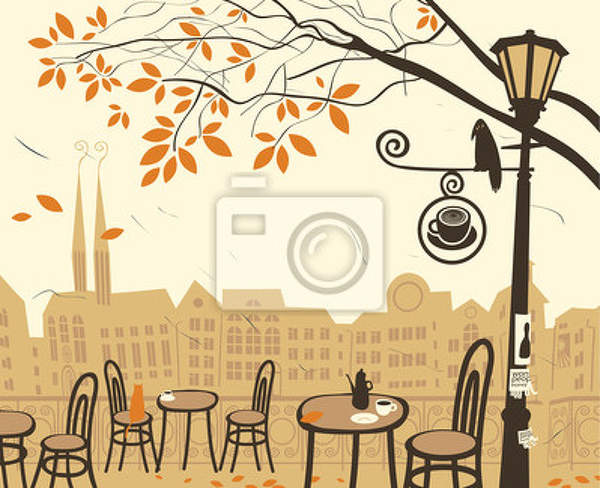 Фотообои с осенним пейзажем и уличном кафе (рисунок) артикул 10000496