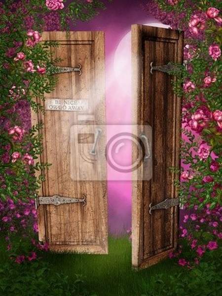 Фотообои с волшебной дверью и розами артикул 10000802