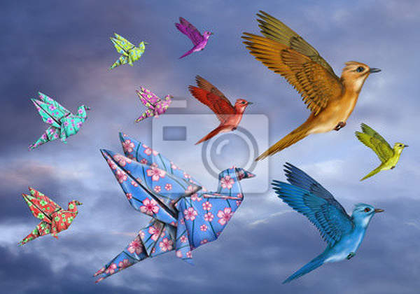 Обои на стену с птицами оригами артикул 10000577
