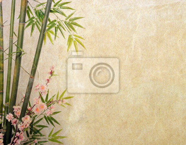 Фотообои с бамбуком и цветами на винтажном фоне артикул 10000921
