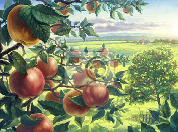 Фотообои "Летний пейзаж с яблоками" артикул 10002239