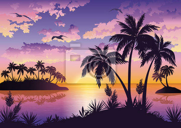 Фотообои с тропическими островами - пальмы - небо и птицы артикул 10002063