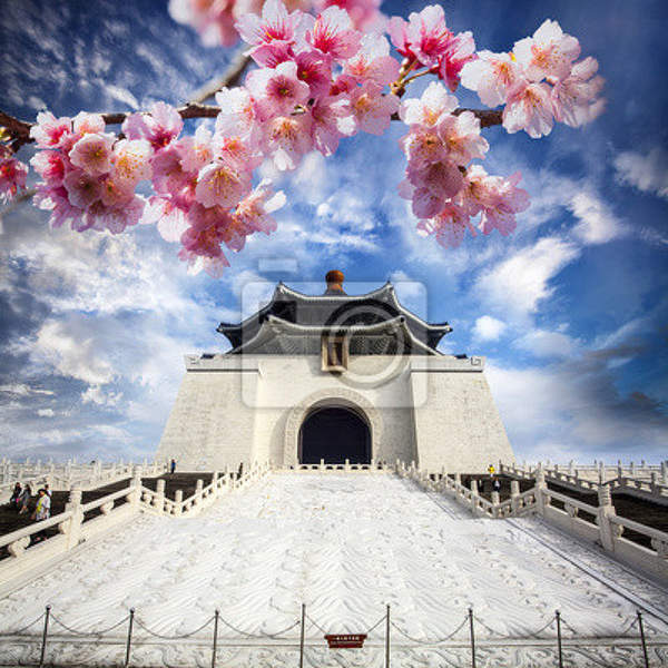 Фотообои с китайской архитектурой и цветущей сакурой артикул 10001941