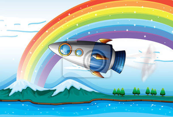 Детские фотообои с космической ракетой и радугой артикул 10002003
