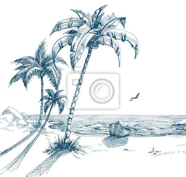 Арт-обои - Рисованный тропический пляж артикул 10003152