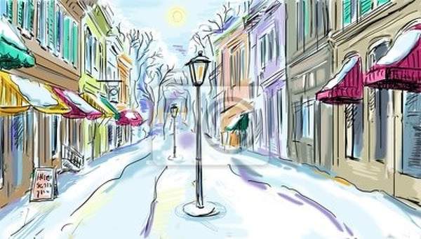 Фотообои с зимним городом - улица, фонарь... (рисунок) артикул 10002344
