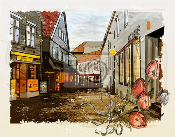 Арт-обои - Иллюстрация старинной улицы города артикул 10003186