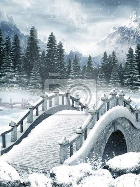 Фотообои "Фантастический мост в зимнем лесу" артикул 10002384