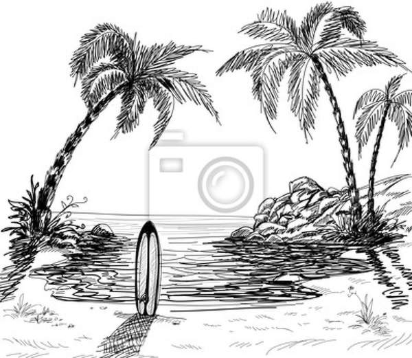 Арт-обои - Рисованный пляж с пальмами артикул 10003058