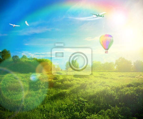 Фотообои - Красивый природный пейзаж с воздушным шаром артикул 10002593