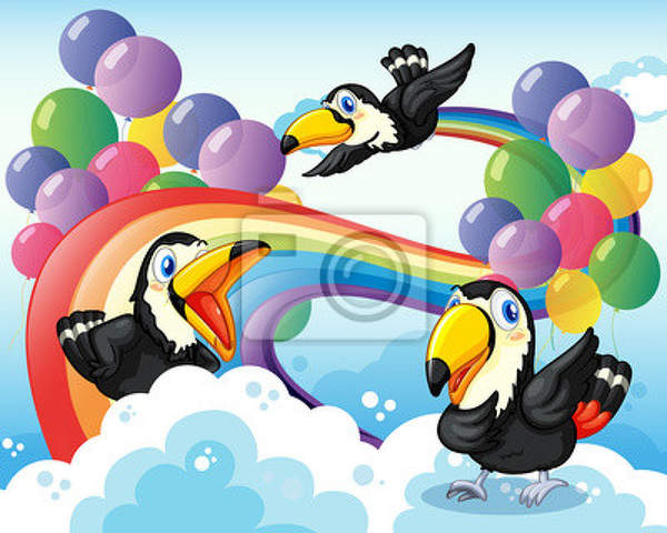 Фотообои - Птицы с радугой и воздушными шариками артикул 10003715