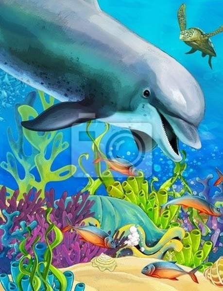 Фотообои - Рисунок дельфина в подводном мире артикул 10003801