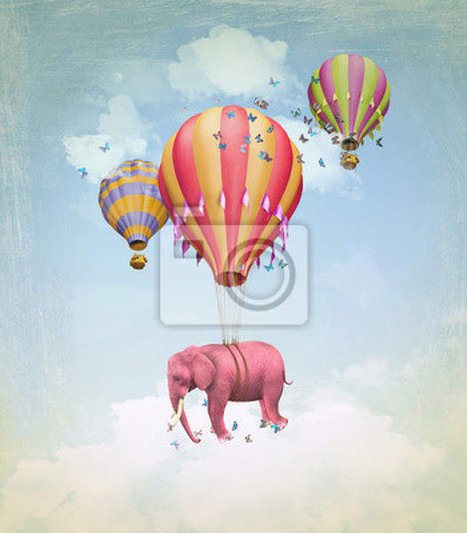 Фотообои розовый слон на воздушном шаре артикул 10003518