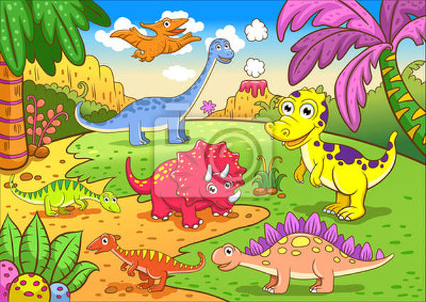 Фотообои детские - Играющие динозаврики артикул 10003726