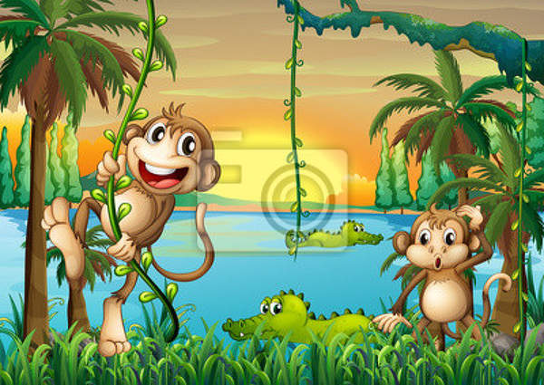 Фотообои для детской — Озеро с крокодилами и играющими обезьянками артикул 10003699