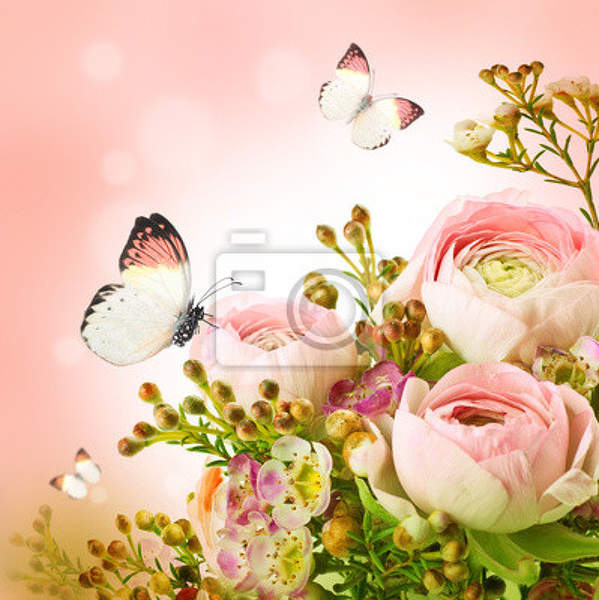 Фотообои - Нежный букет из розовых роз и бабочки артикул 10003881