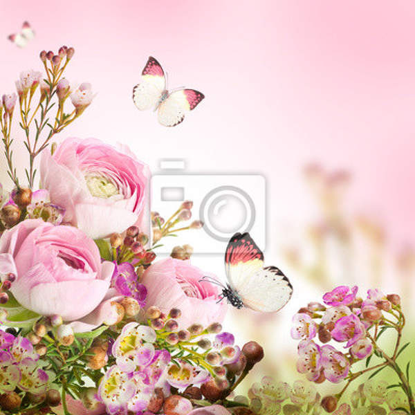 Фотообои - Букет роз и бабочка артикул 10005864