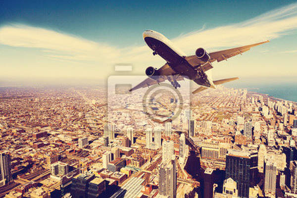 Фотообои - Самолет над мегаполисом артикул 10006182
