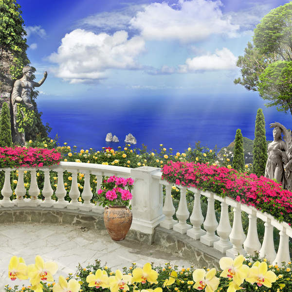 Фотообои — Старый балкон с цветами и видом на море артикул 10007898