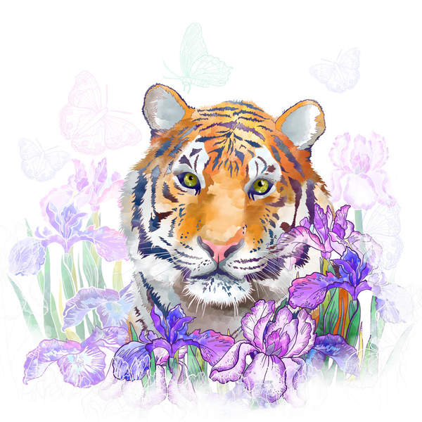 Арт-обои на стену — Тигр в цветах артикул 10002175