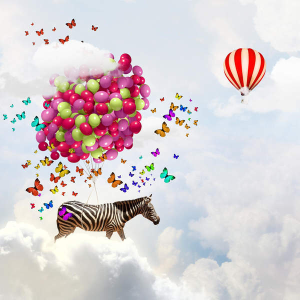 Креативные обои на стену — Счастливая зебра на воздушном шаре артикул 10001897