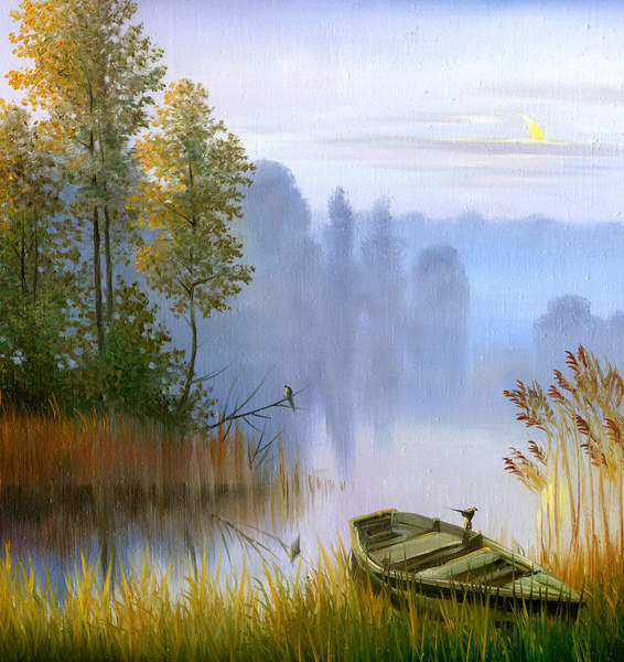 Арт-обои на стену Лодка у реки (пейзаж маслом). Артикул 10002202.