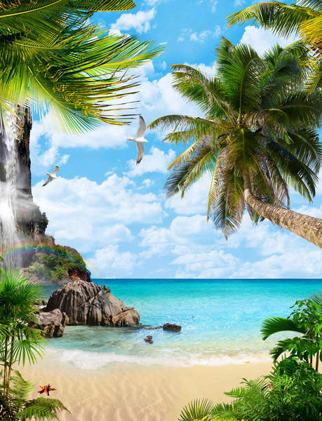 Фотообои с тропическим пляжем и пальмами артикул 10008707
