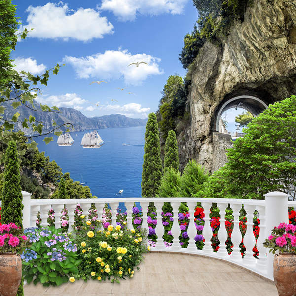 Фотообои "Старый балкон с цветами и видом на океан" артикул 10008704