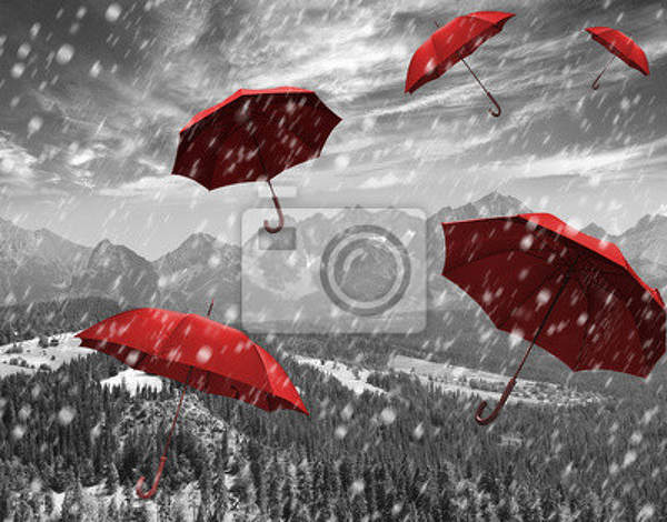 Фотообои с красными зонтиками и черно белым пейзажем артикул 10010257